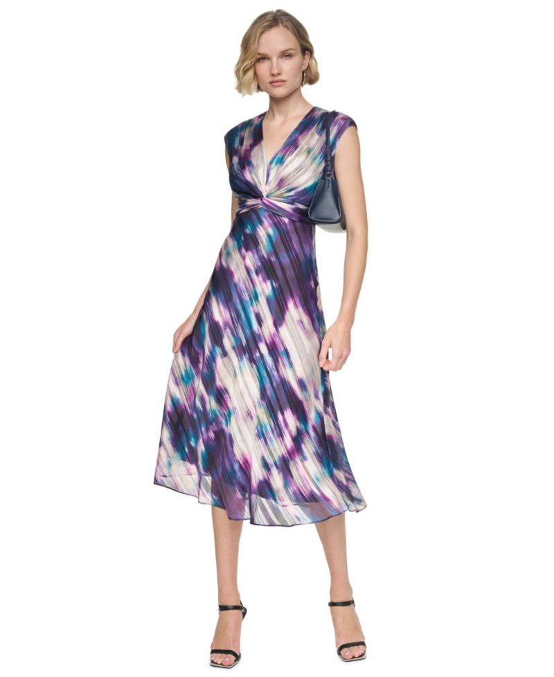 Women's Sleeveless V-Neck Knot-Front A-Line Midi Dress