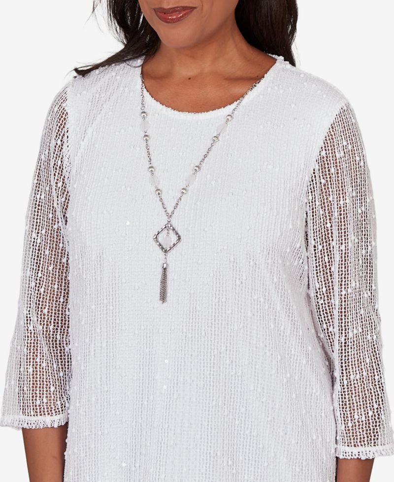 Women's Caribbean Blues Popcorn Mesh Solid Top with Necklace