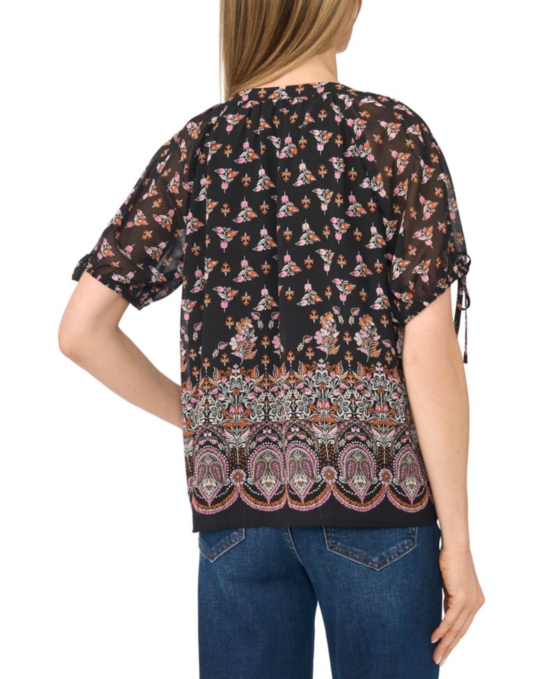 Women's Puff Raglan Short-Sleeve Tie Neck Floral-Print Blouse