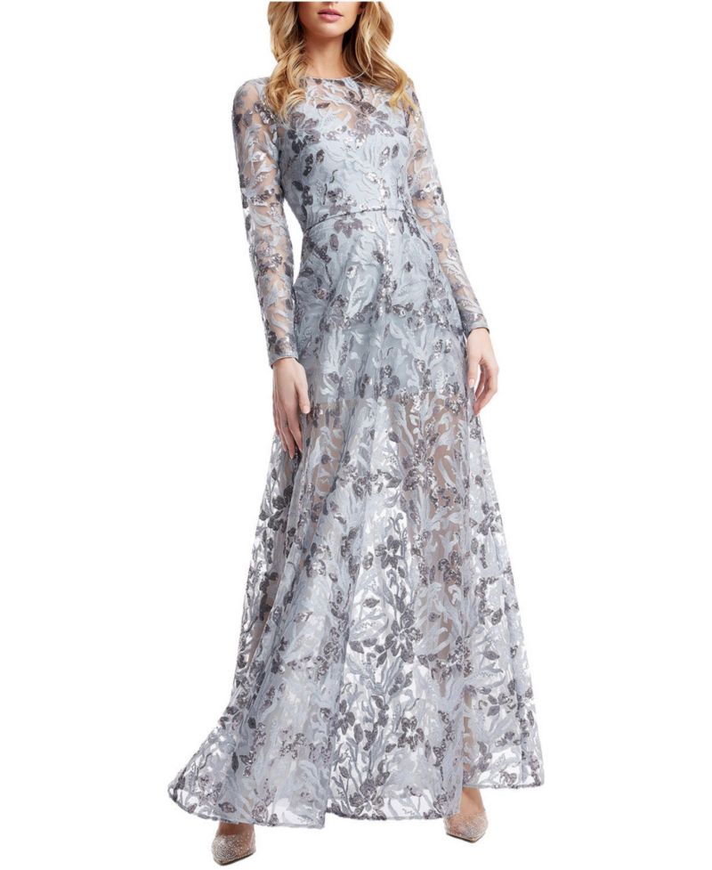Women's Ava Long-Sleeve Floral-Sequin Gown