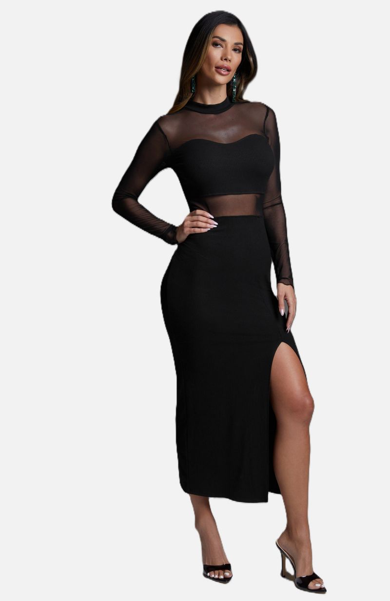 Women's Rib Mock Neck Maxi Dress with Powermesh