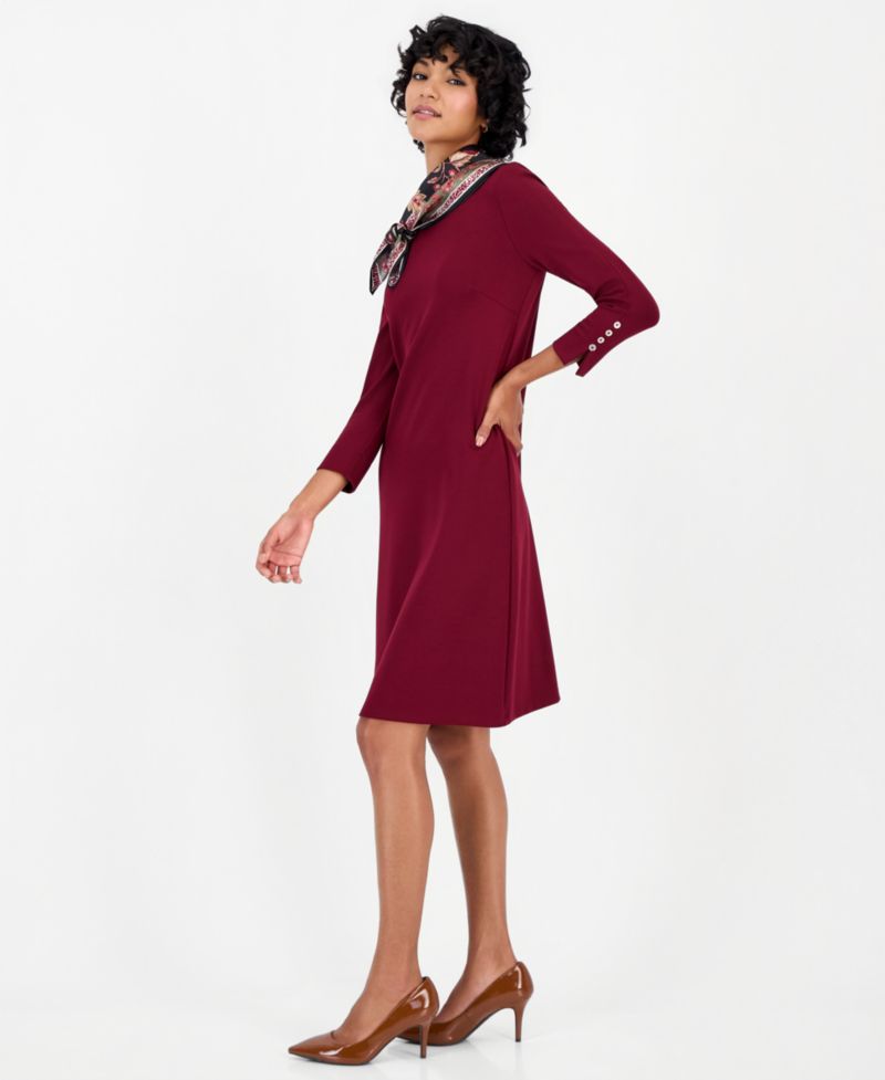 Women's 3/4-Sleeve Midi Dress with Combo Scarf
