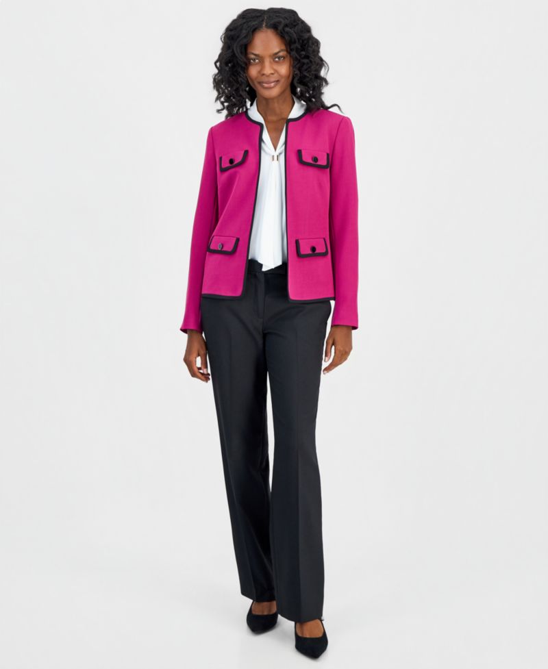 Collarless Contrast-Piping Jacket, Embellished-Neck-Tie Top & Ava Straight-Leg Pants