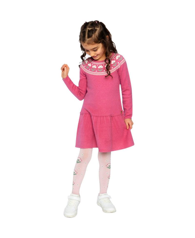 Little and Big Girl 6-12Y Knitted Dress with Flower Jacquard