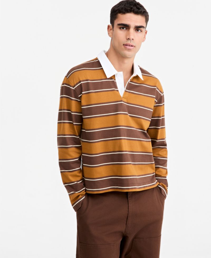 Men's Striped Rugby Long Sleeve Relaxed-Fit Cotton Polo Shirt