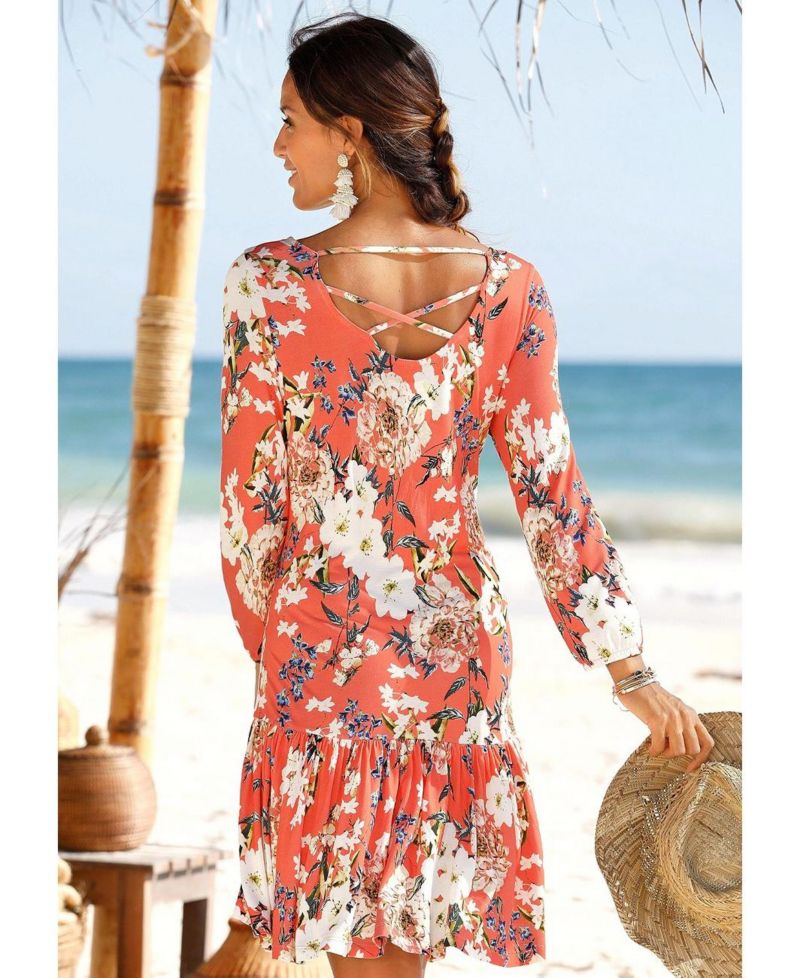 Women's Viscose Floral Print Drop Waist Ruffle-Trim Short Dress