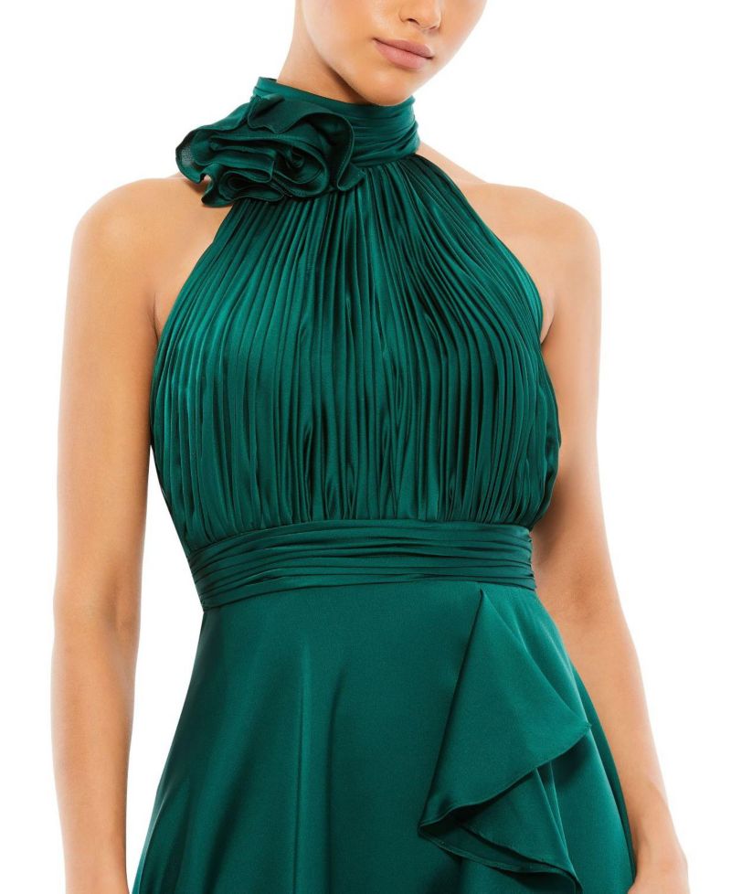 Women's Halter Neck Flower Detail Ruffled Midi Dress