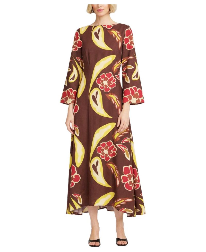 Women's Long-Sleeve Floral-Print Boat Neck Dress