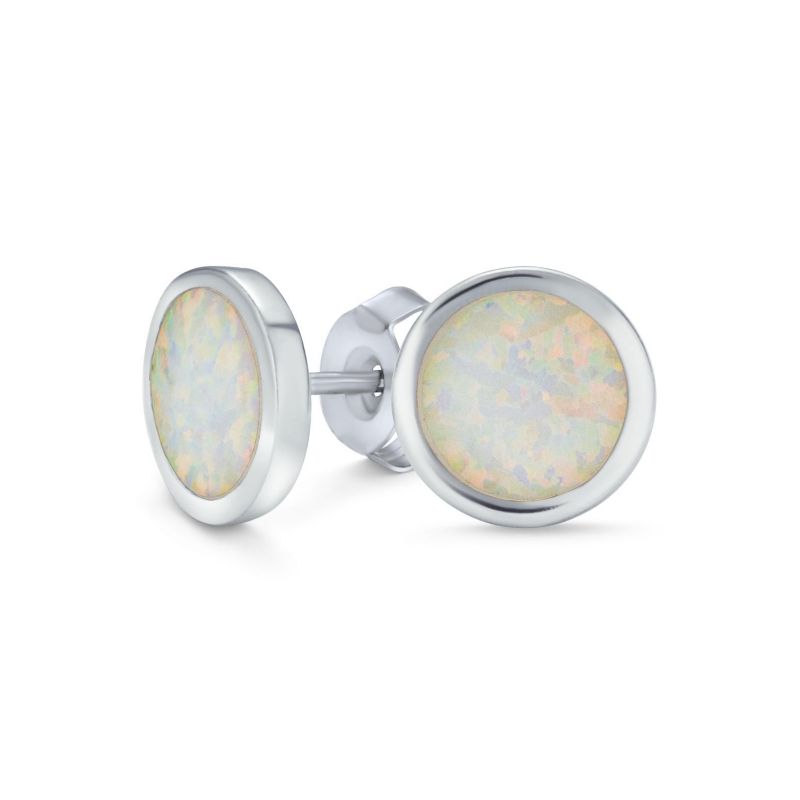 Created White Opal Round Stud Earrings Bezel Set .925 Sterling Silver 9MM