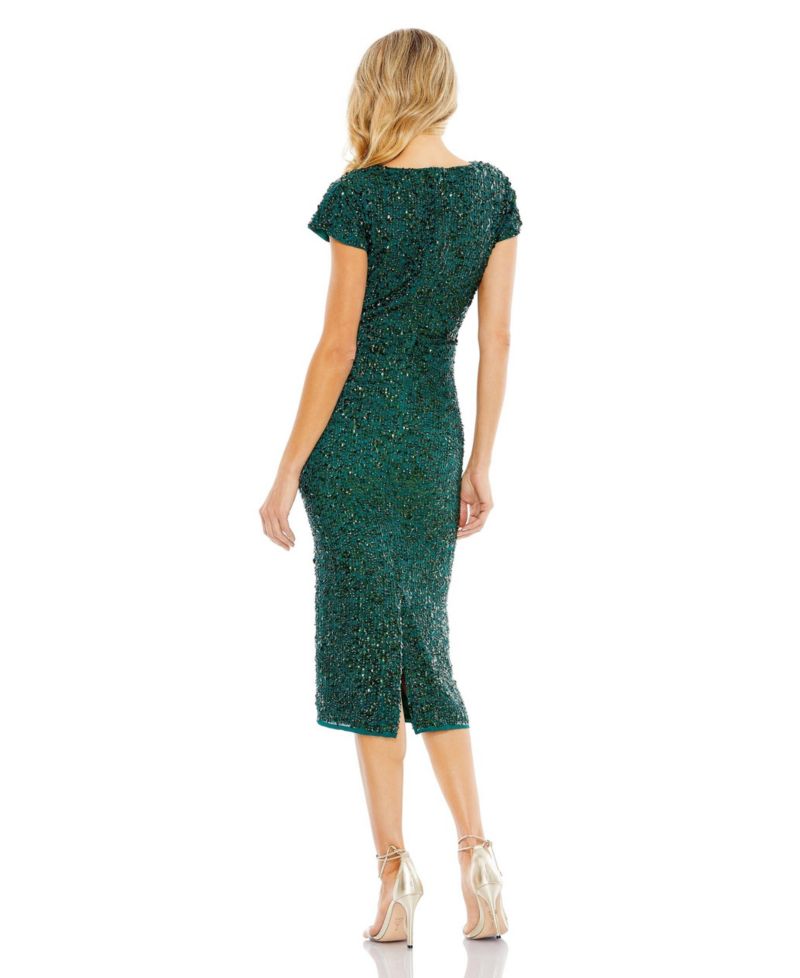 Women's Sequined Short Sleeve Wrap Over Cocktail Dress