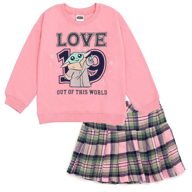 Girls 6-16 The Mandalorian Grogu Fleece Oversized Drop Shoulder Sweatshirt and Pleated Skirt