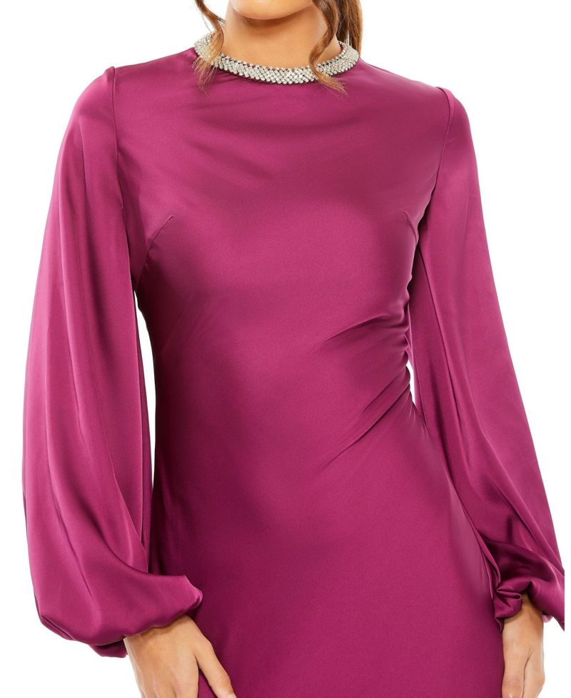 Women's Beaded High Neck Bishop Sleeve Satin Gown