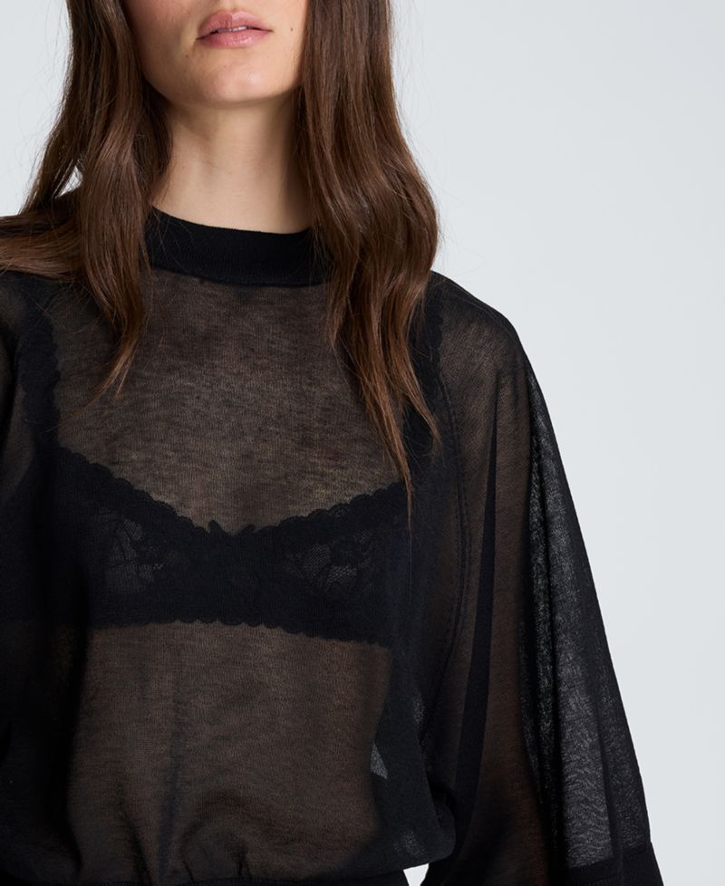Women's Semi-Sheer Raglan Crewneck Cropped Sweater
