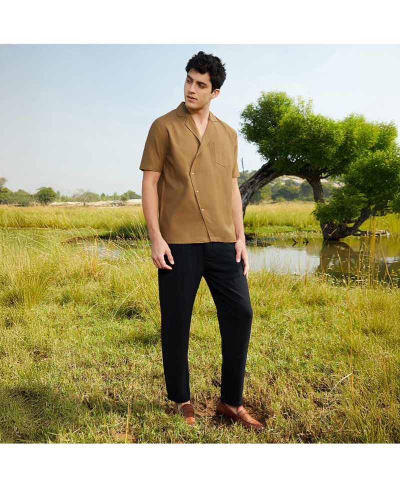 Men's Camel Brown Asymmetrical Cuban Shirt
