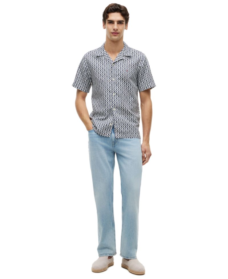 Men's Linen Blend Camp Collar All-Over Print Short-Sleeve Shirt