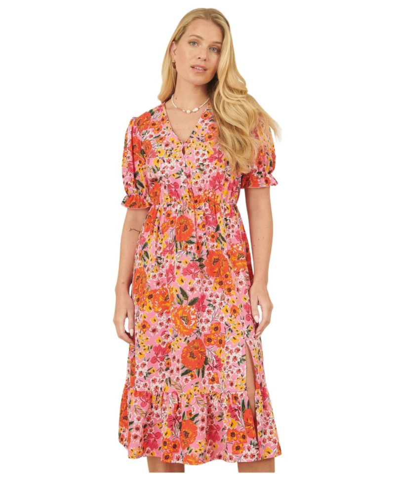 Women's Short Sleeve V-Neck Printed Midi Dress