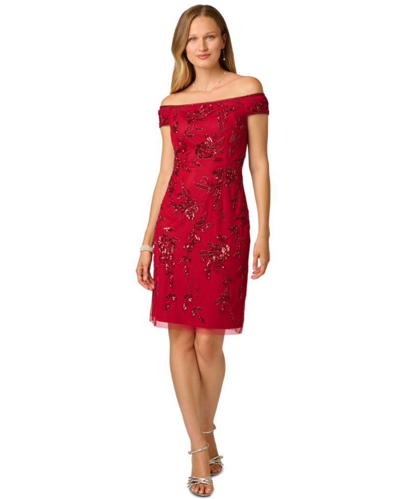 Women's Off-the-Shoulder Beaded Short-Sleeve Dress