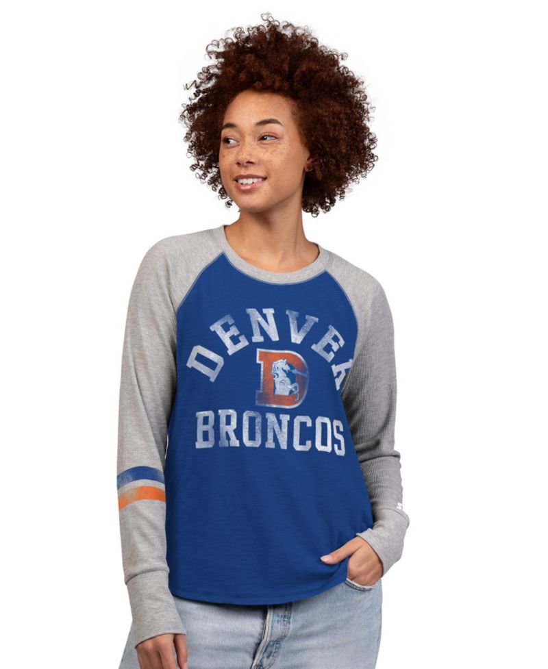 Women's Royal/Gray Denver Broncos Throwback Waffle-Knit Raglan Long Sleeve T-Shirt