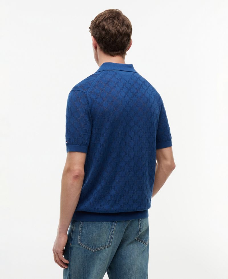 Men's Regular-Fit Open Knit Pattern Short-Sleeve Sweater Polo