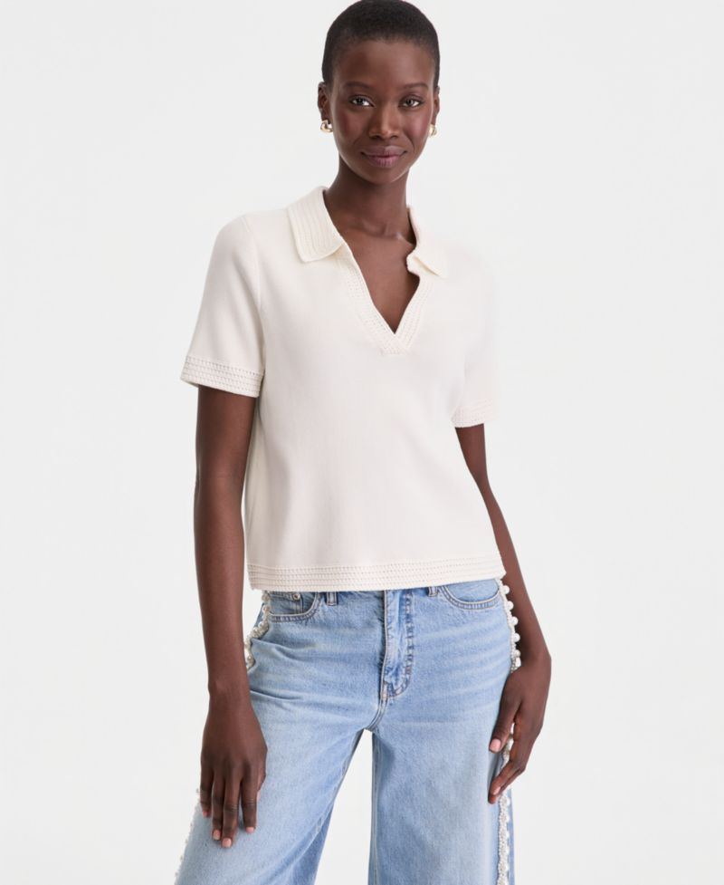Women's Short-Sleeve Crochet Collar Polo Sweater