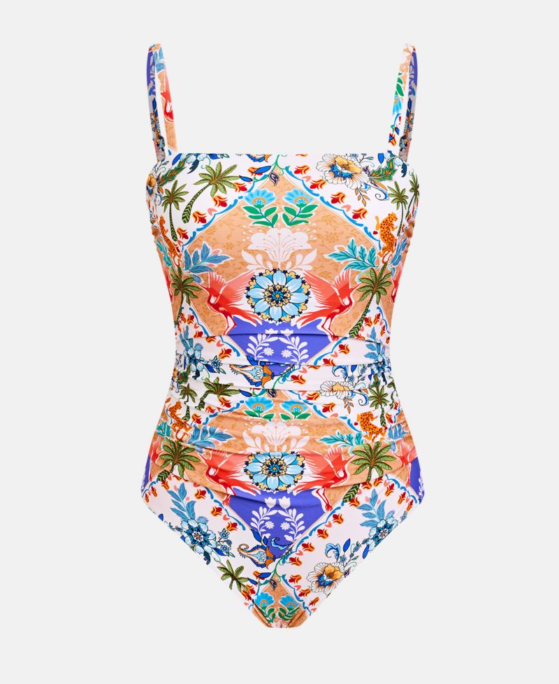 Women's Square Neck Ruched Pull-On Adjustable Strap One-Piece Swimsuit