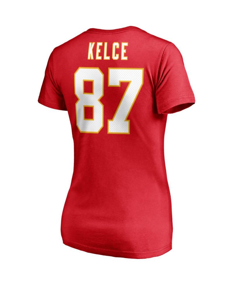 Women's Travis Kelce Red Kansas City Chiefs Player Icon Name and Number V-Neck T-shirt