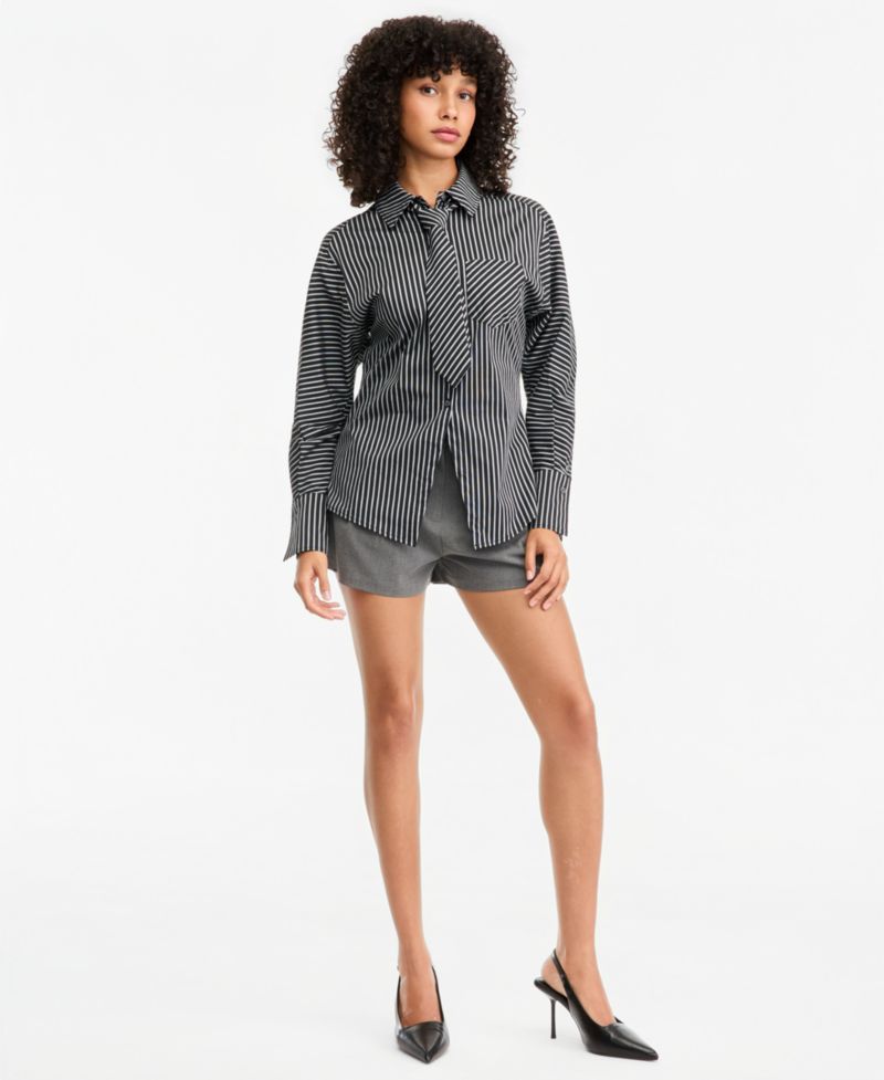 Women's Striped Tie-Neck Long-Sleeve Shirt