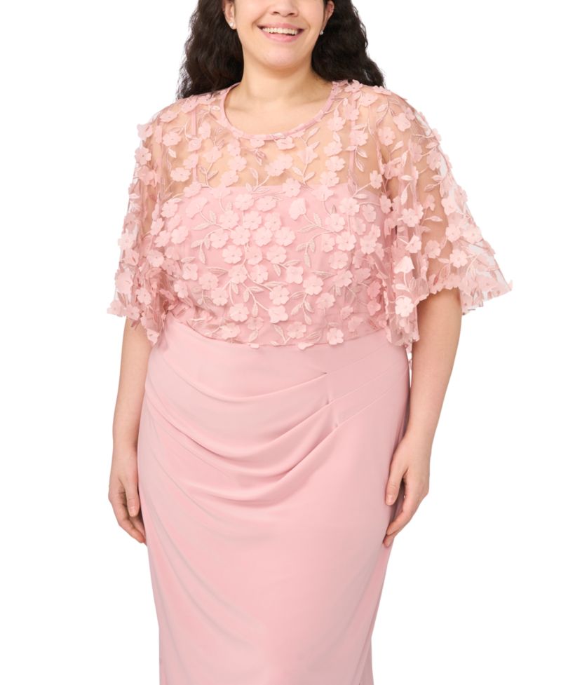 Plus Size Polyester Blend 3D Flowers Crewneck Gown