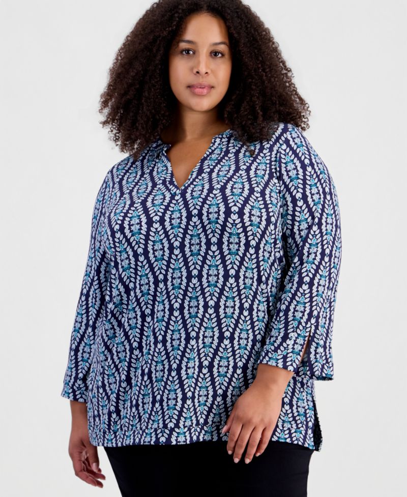 Plus Size Opulent Travels 3/4-Sleeve Splitneck Tunic, Macy's Exclusive