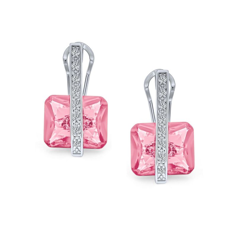 Art Deco Style Pink and Blue Rectangle CZ Drop Cocktail Earrings Silver