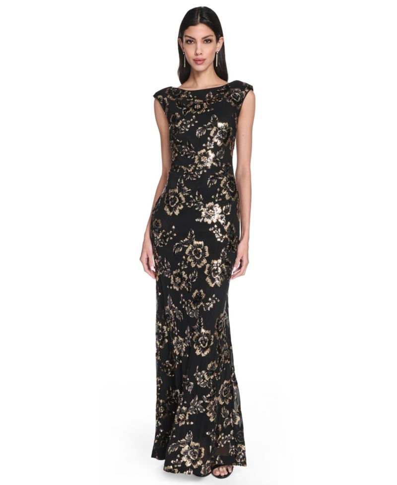 Women's Floral-Print Sequined Boat Neck Gown