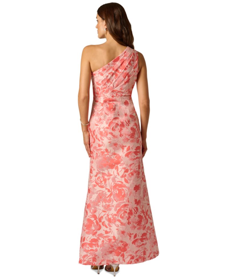 Women's One-Shoulder Floral Jacquard Draped Gown