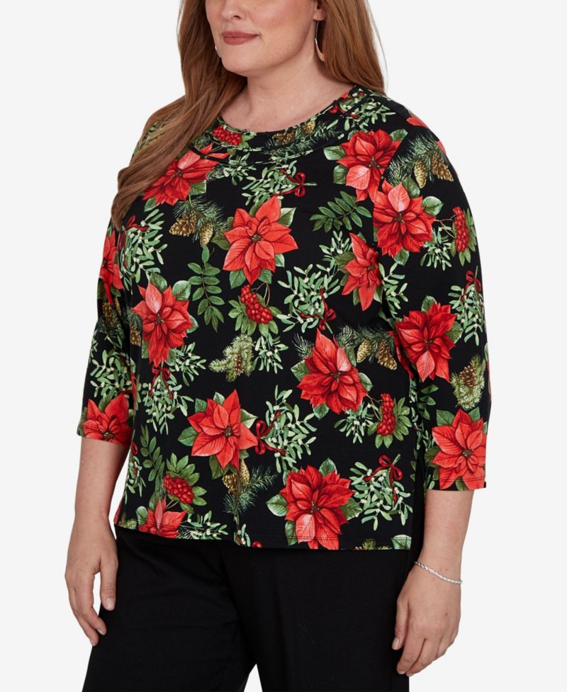 Plus Size Floral-Print 3/4-Sleeve Top