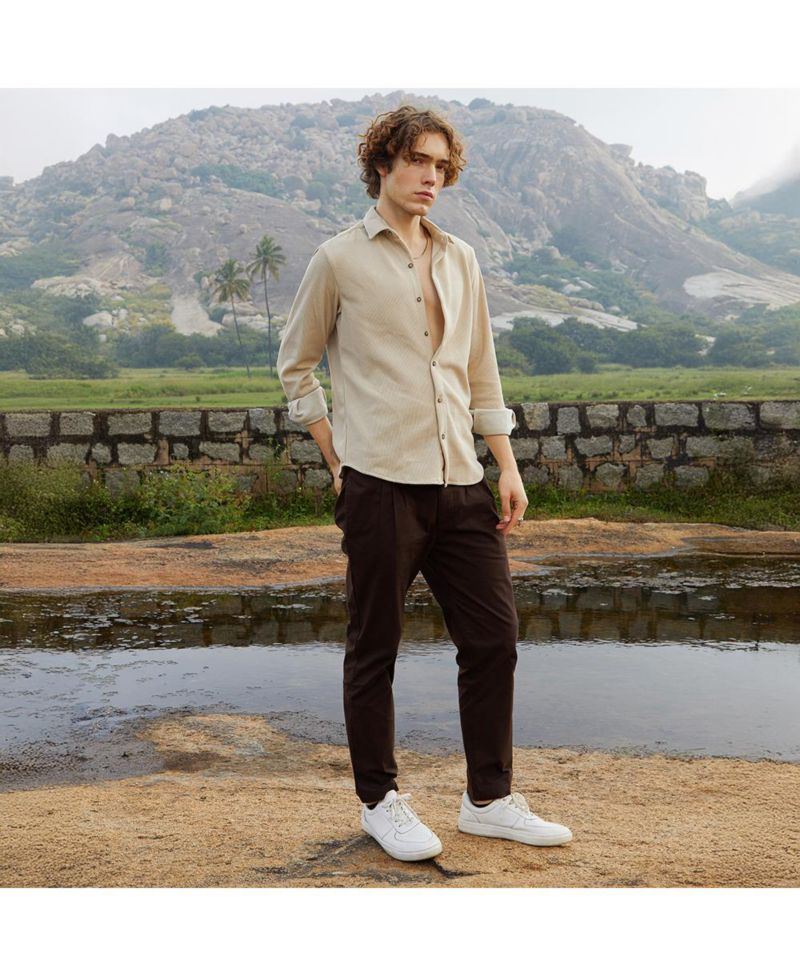 Men's Saltbox Beige Solid Knit Shirt