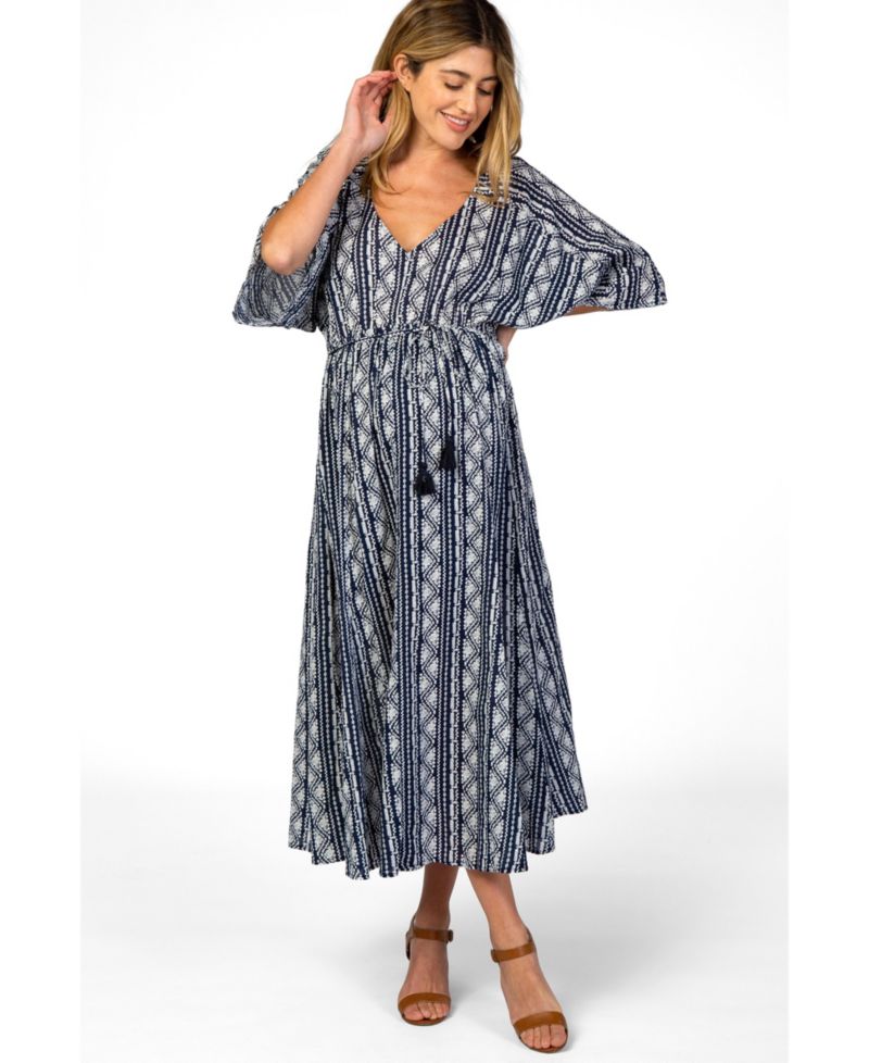 Women's Navy Printed V-Neck Midi Dress
