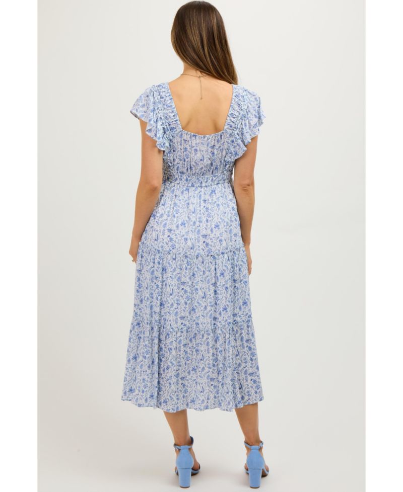 Women's Blue Floral Front Ruched Ruffle Shoulder Tiered Midi Dress
