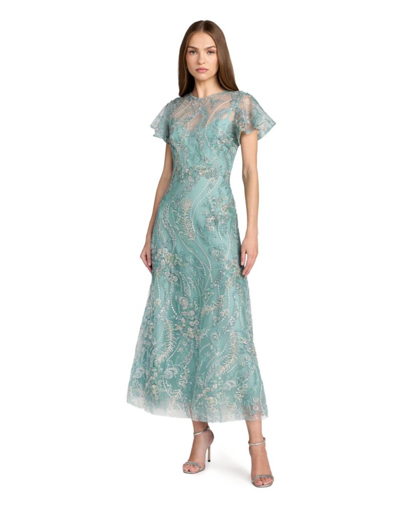 Women's Floral Embroidered Flutter Sleeve Ankle Dress