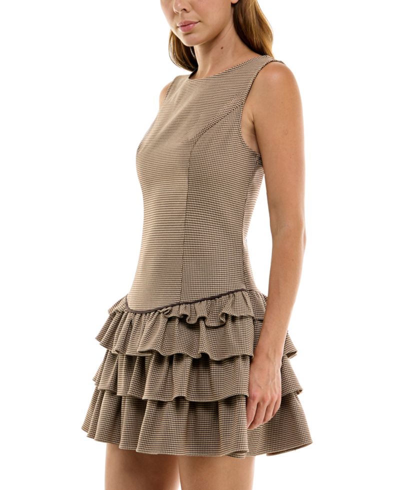 Juniors' Houndstooth Boat Neck Tiered Skirt Mini Dress