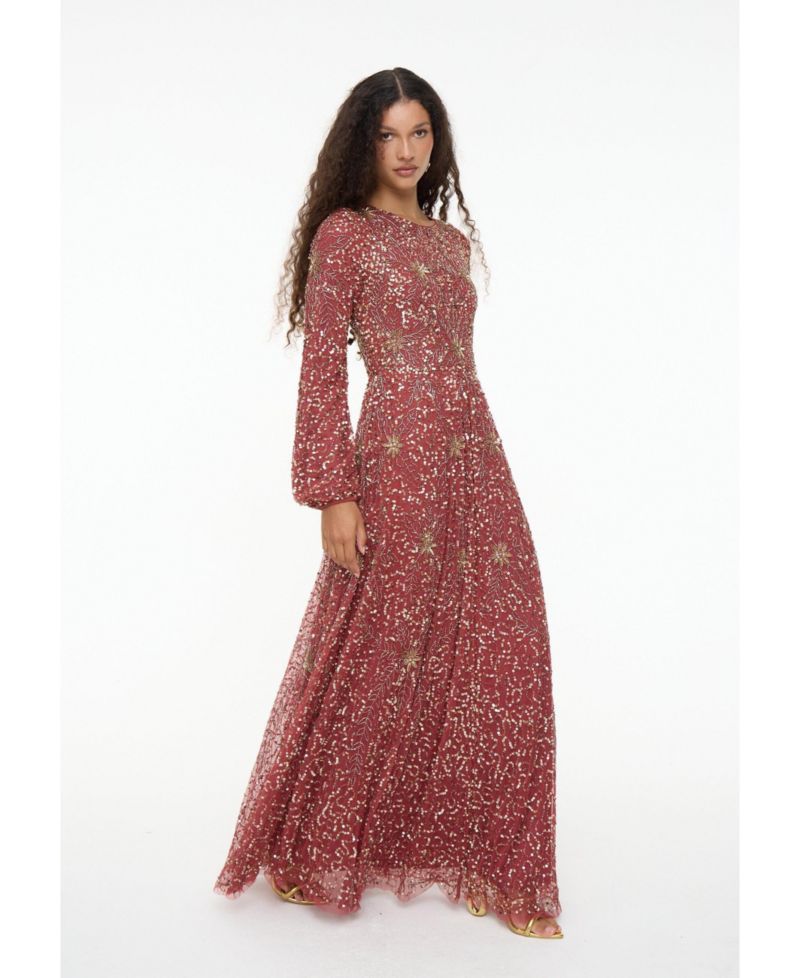 Women's Modest Embellished Sequins A-Line Dress