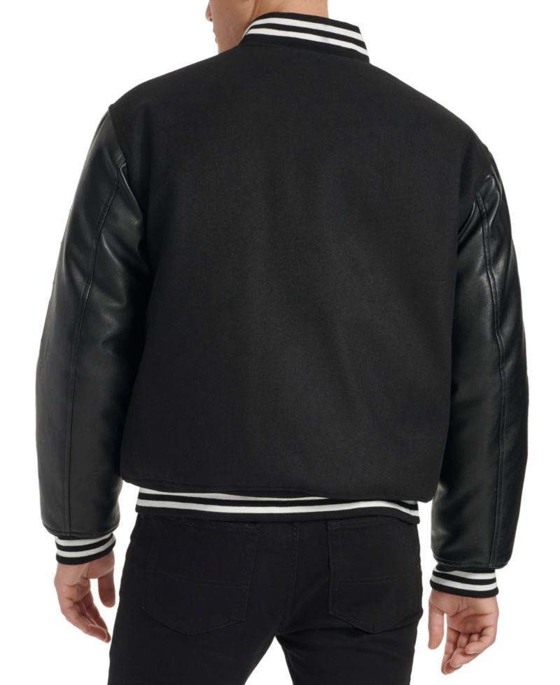 Men's Logo-Patch Mixed-Media Varsity Jacket