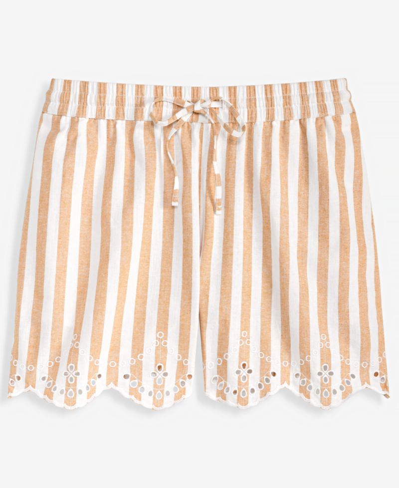 Women's Stripe Mid-Rise Embroidered Eyelet Linen Blend Pull-On Shorts