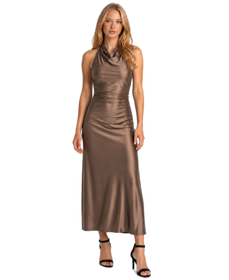 Juniors' Cowl-Neck Halter Open-Back Gown