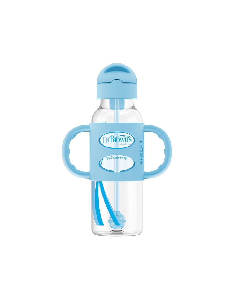 Baby Narrow Sippy Straw Bottle with 100% Silicone Handles, 8oz, Blue