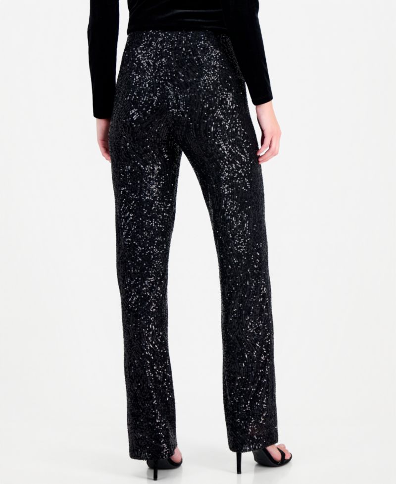 Women's Pull-On High-Waisted Wide-Leg Sequin Mesh Pants