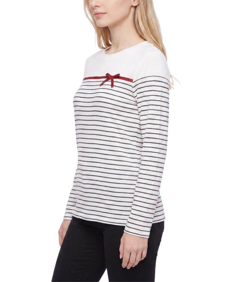 Women's Long-Sleeve Metallic-Ribbon Bow T-Shirt