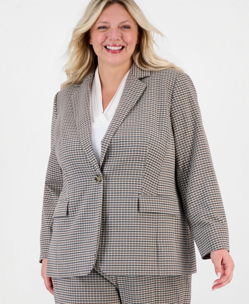Plus Size Houndstooth One-Button Blazer