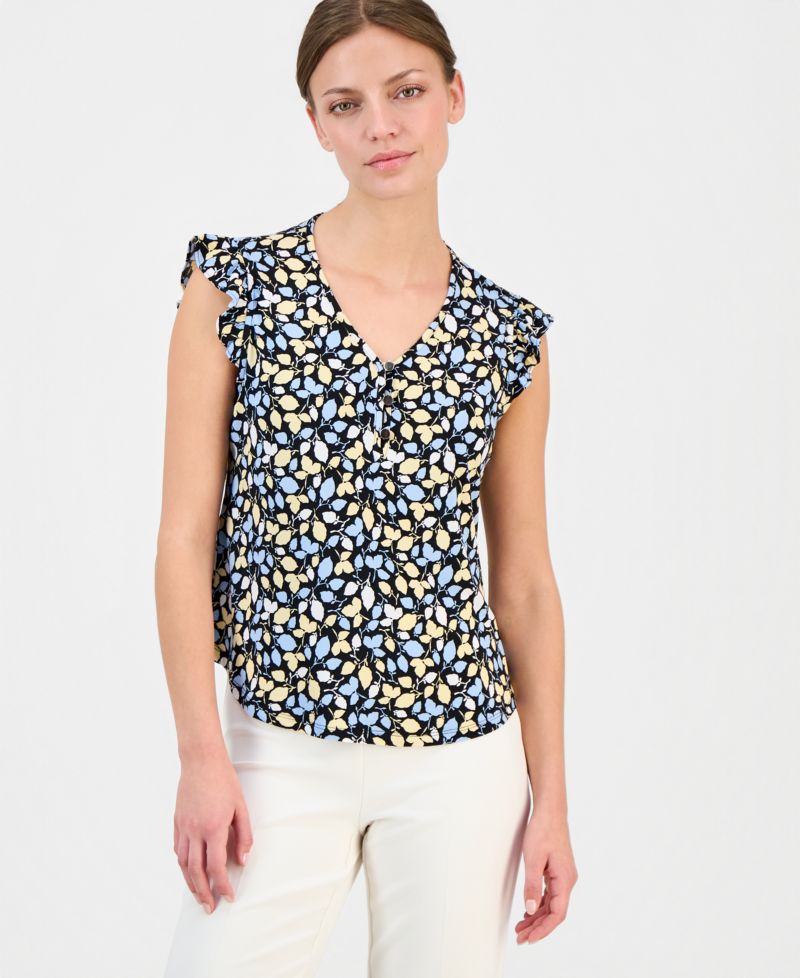 Petite Short-Sleeve V-Neck Button-Front Top