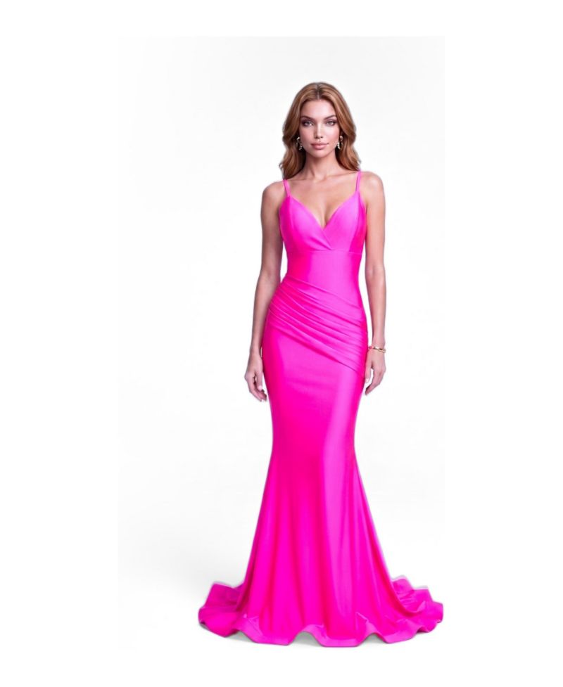 Women's Plunge-Neck Ruched Mermaid Gown