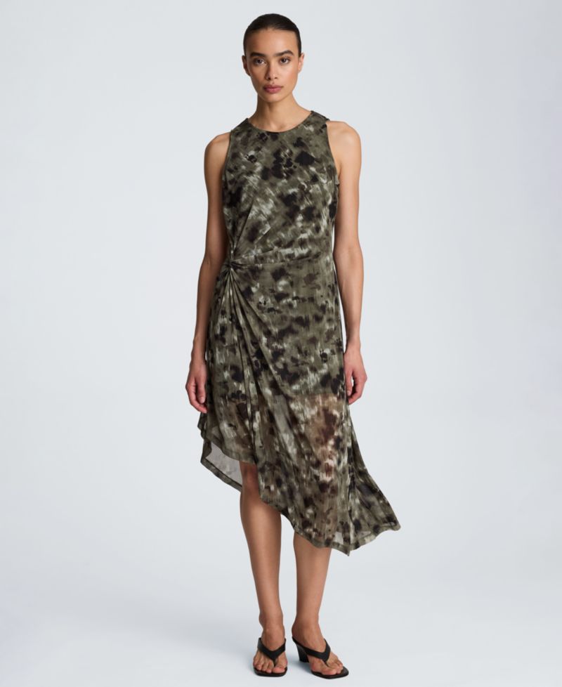 Women's Sheer Mesh Overlay Asymmetric Hem Midi Dress