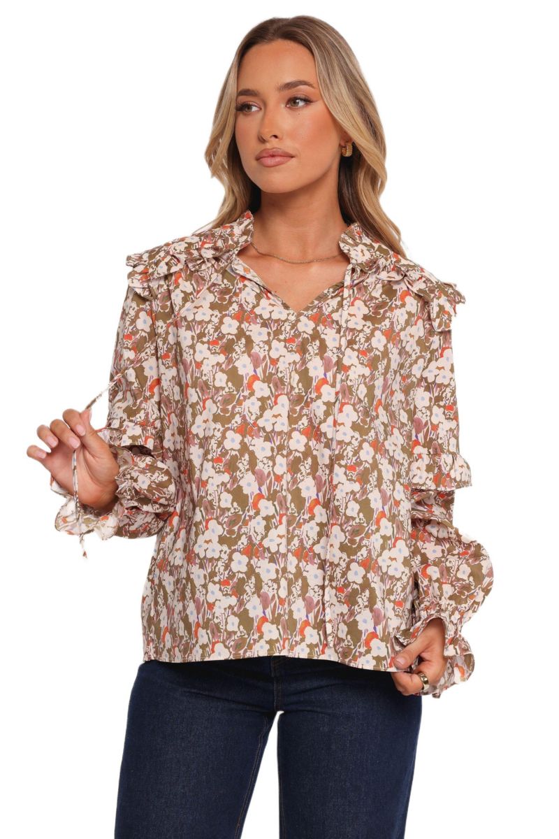 Women's Selmah Long Sleeve Top - Cream Olive Orange